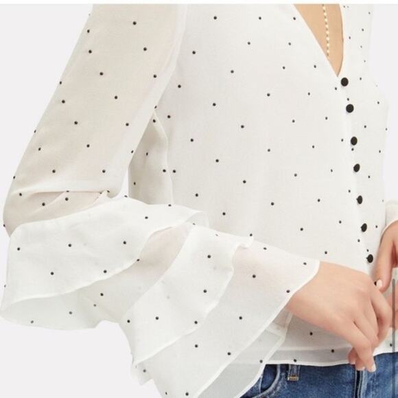 INTERMIX | Meena Embellished Silk Blouse Polka Dot Ruffle Sleeves White Black M - Picture 2 of 11